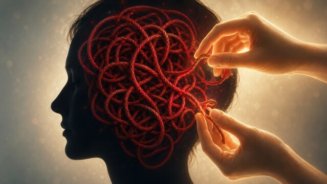 Hands untangling messy red string inside dark female head silhouette.