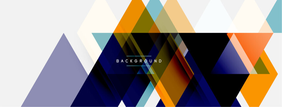 Abstract geometric design. Triangles overlap, creating layered effect. Colors include orange, blue, gray, green. Modern, minimalist style.