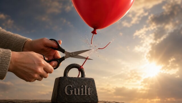 Hands using scissors to cut string attaching balloon to heavy weight.