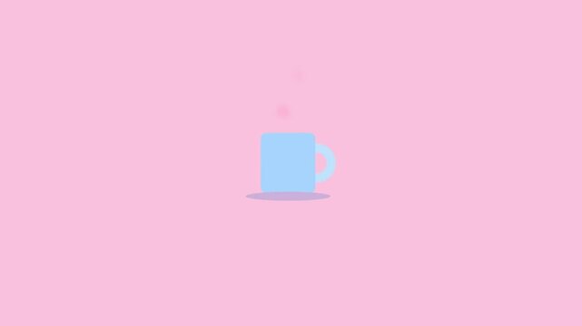 Simple cartoon illustration of a steaming coffee cup on a pink background