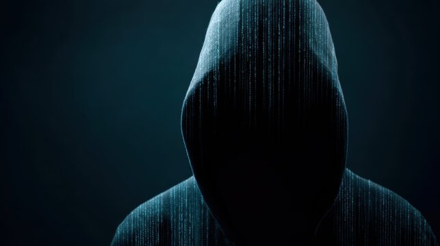 Cyber hacker silhouette with code background, cybersecurity threat concept