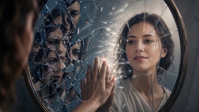 Smiling woman looking into shattered mirror showing sad past reflections.