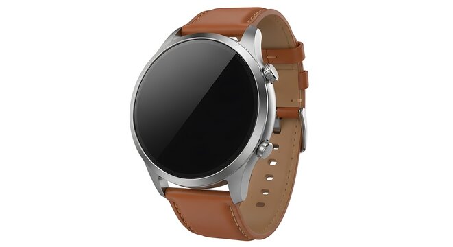 Modern round smartwatch with brown leather strap isolated on white background