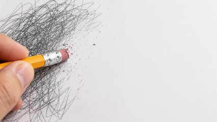 Obraz premium Hand holding pencil eraser clearing messy dark scribble from paper.