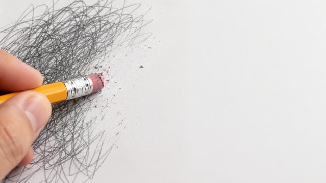 Hand holding pencil eraser clearing messy dark scribble from paper.