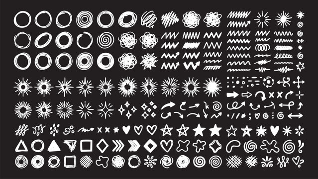 Large collection of white hand-drawn doodle elements, sketches, arrows, stars, circles, and abstract shapes on a black background