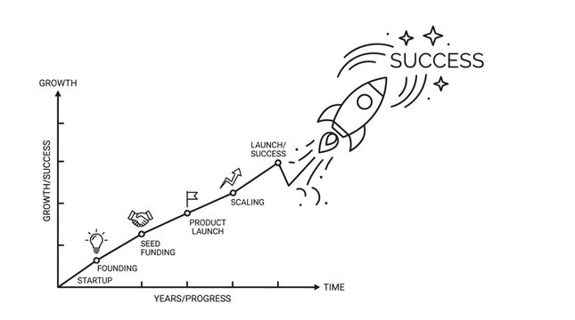 Business growth roadmap vector illustration featuring a rocket ship ascending along a linear progress line representing startup development phases from initial founding through seed funding and produc