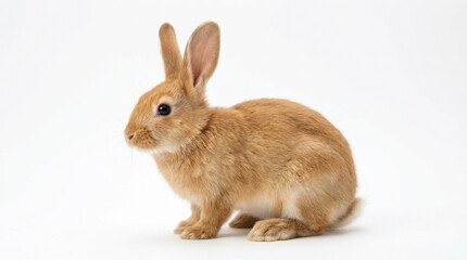 Obraz premium Adorable light brown rabbit with long ears and fluffy tail sitting on a pristine white background, looking curious and gentle. A cute domestic animal, perfect for Easter, pet care, or nature concepts.