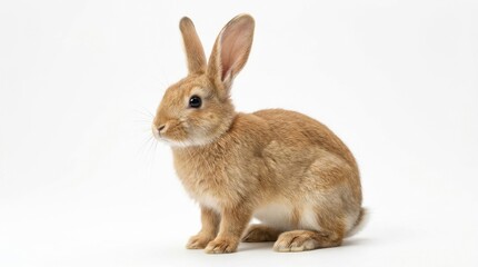 Fototapeta premium Cute brown domestic rabbit with long ears sitting calmly on a clean white background, looking left. Adorable pet bunny, ideal for spring, Easter, and animal themes.