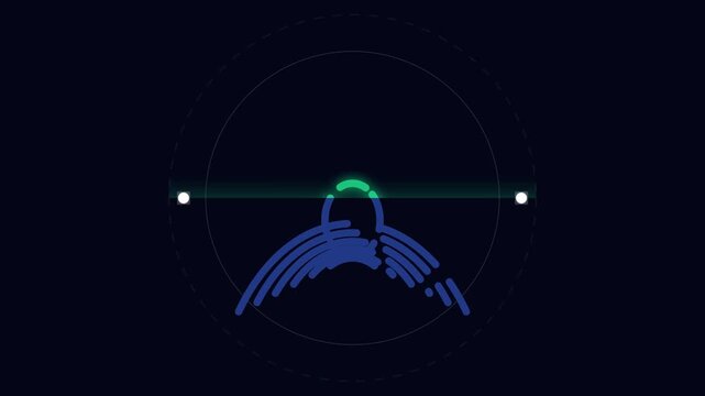 Abstract digital illustration featuring a stylized blue bird soaring beneath a glowing green line within a dark circular interface.