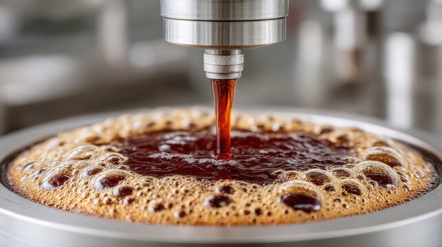 Close-Up of Espresso Machine Extracting Rich Coffee with Bubbles and Foam from Brewing Process in Modern Caf&eacute;