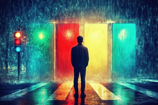 Man at Rainy Night Crosswalk with Traffic Lights