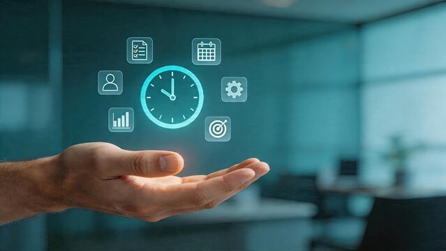 Business man holding digital interface futuristic office technology cloud computing icon workflow management system productivity tools time scheduling graphic project planning