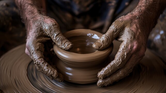 Hands shaping clay on a pottery wheel