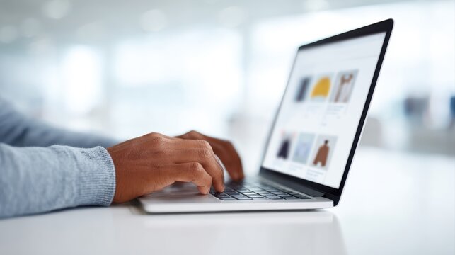 Customer browsing online store with product listings on laptop
