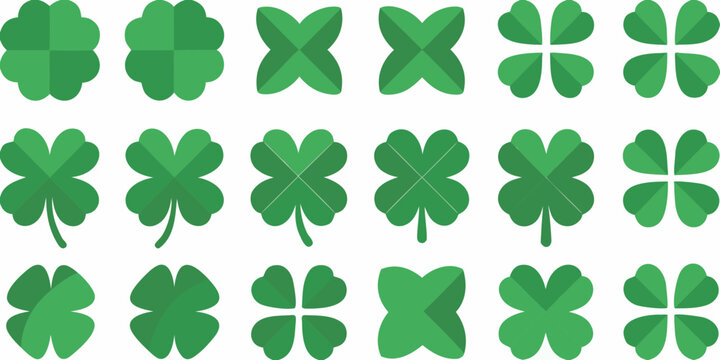 Collection of green clover leaves three and four leaf variations on a white background