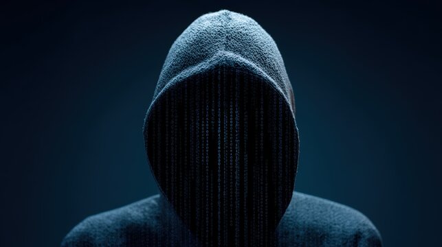 Cyber hacker silhouette with code background, cybersecurity threat concept