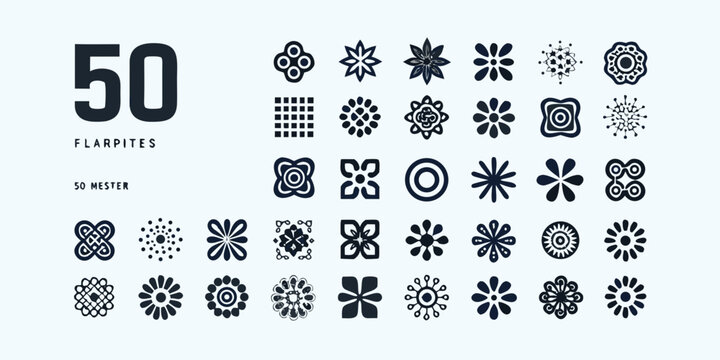 Collection of fifty black vector floral and geometric ornaments on a white background high quality
