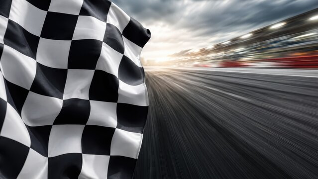 Black and white checkered racing flag waving over blurred motorsport track.
