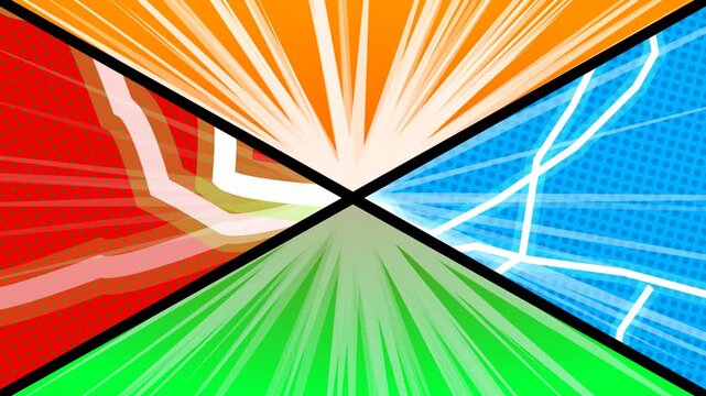 Four Panel Comic Split Screen Transition with Pop Art Manga Speed Lines Lightning Bolts and Vibrant Sunburst Effects for Action Animation