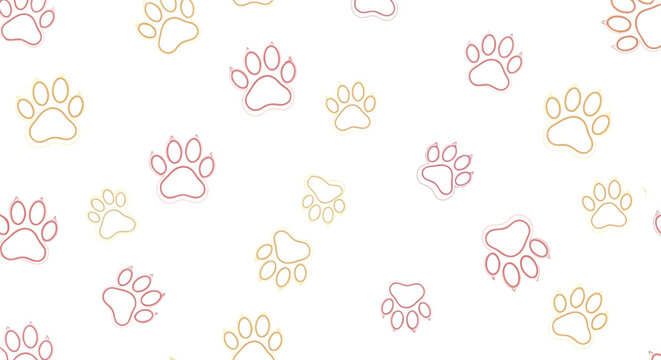 Seamless paw print pattern on a white background, colorful outlines of dog and cat paws scattered randomly, animal tracks texture.