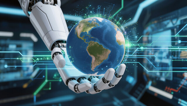 Close up a robot hand holding the world 3D on the hand with green and blue light technology pattern effect around image , futuristic image.