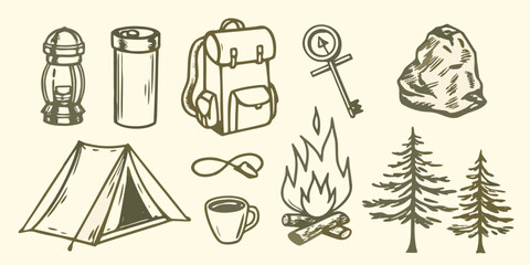 Camping equipment collection hand drawn sketch style with tent backpack and campfire high quality professional © Debashis