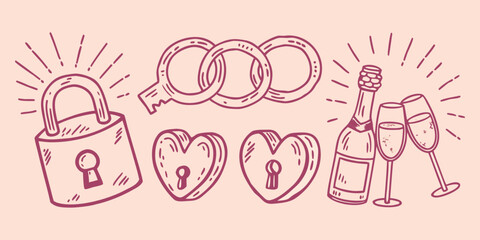 Hand drawn illustration of a padlock wedding rings and champagne flutes on a pink background © Debashis