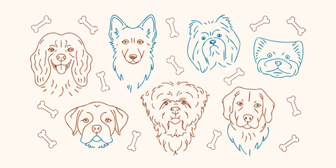 Line drawing of seven different dog breeds with bone shapes on a beige background © Debashis