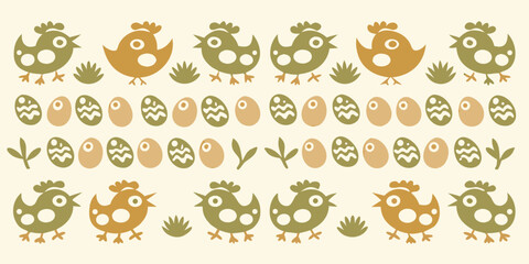 Cartoon chickens and eggs pattern stylized vector illustration with a light yellow background high quality © Debashis