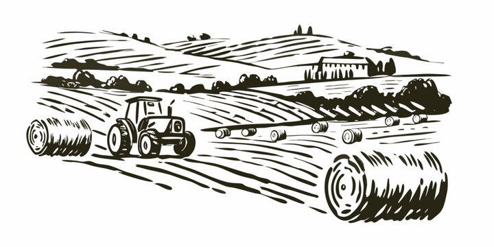 Farm tractor pulling hay bales in a field monochrome line art illustration on white background