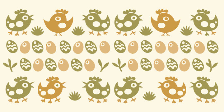 Cartoon chickens and eggs pattern stylized vector illustration with a light yellow background high quality