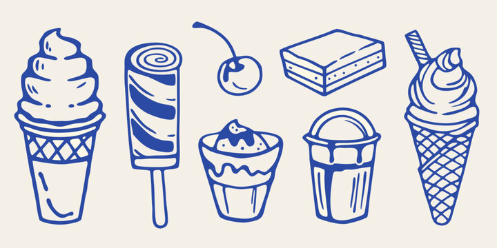 Variety of sweet treats including ice cream popsicle cherry and brownie in blue line art