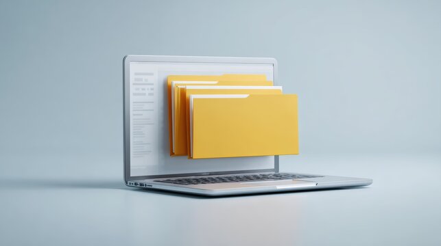Document management system interface with files and folders on laptop screen, data organization concept