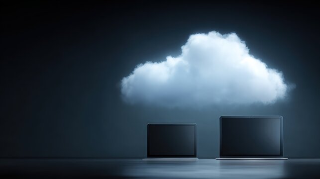 Cloud computing concept with glowing data transfer between devices, futuristic tech style