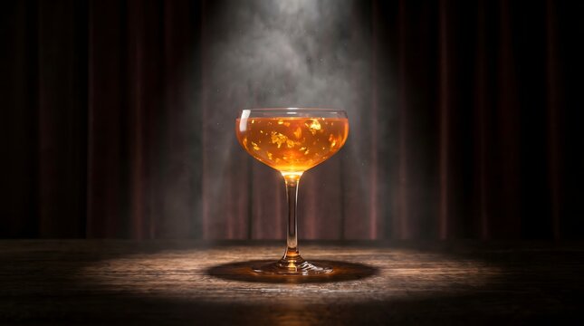 Glowing Amber Cocktail in Coupe Glass under Dramatic Spotlight with Smoke