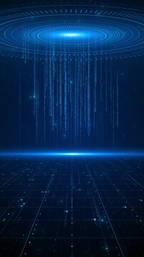 Futuristic matrix gateway scene blue rain, holographic rings, distant light beam, gridded floor perspective. cyber security videos, data streams, promos, science fiction titles, digital backgrounds.