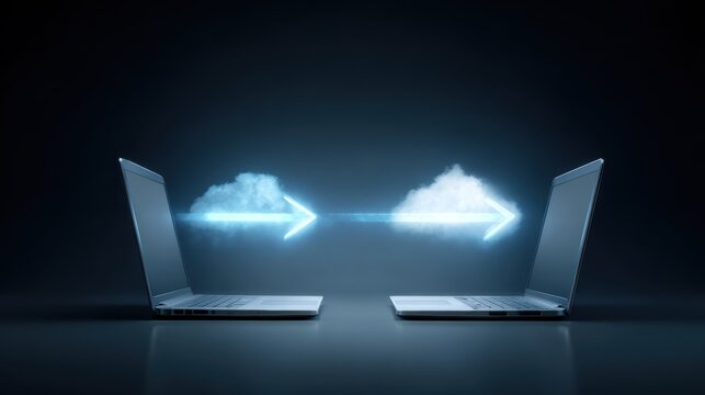 Data transfer between two laptops with glowing arrows, file sharing and cloud computing concept