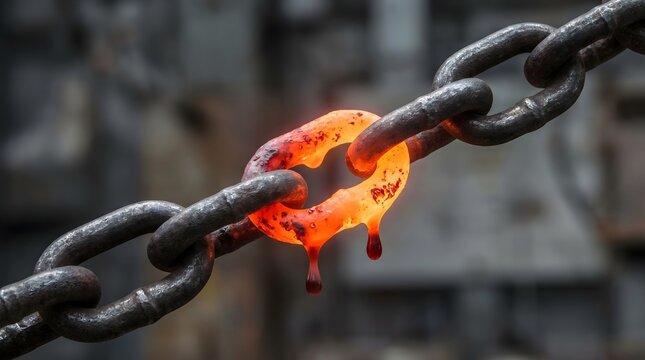 Glowing Red Hot Melting Chain Link Symbolizing the Weakest Link