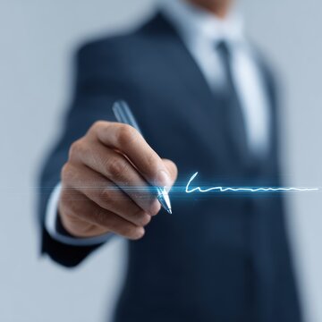 Businessman signing digital contract with electronic signature interface