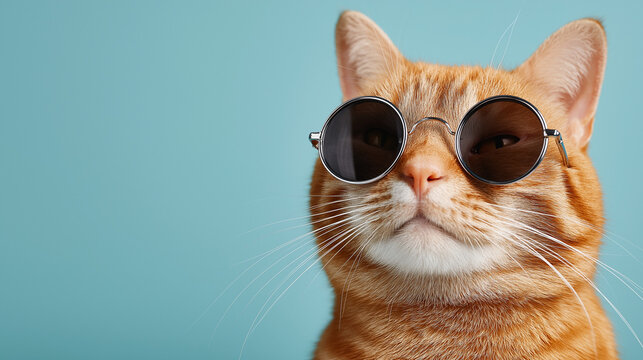 -a ginger cat wearing sunglasses, isolated on a pastel blue background with copy space. this is a studio shot of a portrait of a cute, funny pet animal in a summer vacation concept, suitable as a bann