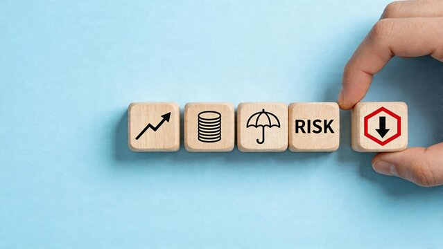 Business risk management reducing financial loss lowering investment exposure decreasing volatility protecting assets with insurance umbrella symbol positive profit trend money