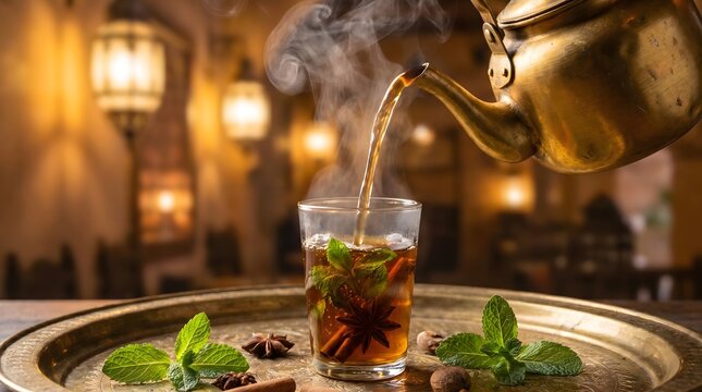 Pouring Steaming Hot Spiced Moroccan Mint Tea from a Vintage Brass Teapot