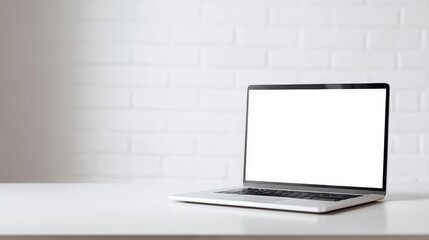 Fototapeta premium Clean empty desk with laptop and copy space, business mockup, minimal composition
