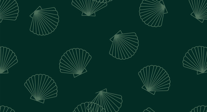 Elegant seamless pattern featuring line art seashell icons on deep dark green background sophisticated ocean theme graphic design for textile and wallpaper.