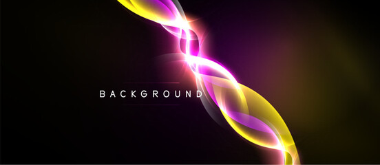 Abstract flowing light shapes dominate dark background. Vibrant purple, yellow hues create dynamic visual effect. Text reads background. © antishock