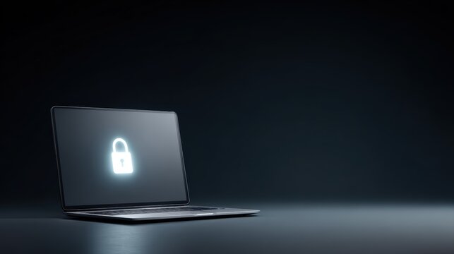 Cybersecurity concept with glowing lock icon on laptop screen, dark background, encryption and data protection theme