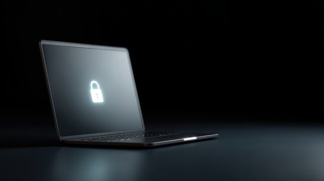 Cybersecurity concept with glowing lock icon on laptop screen, dark background, encryption and data protection theme