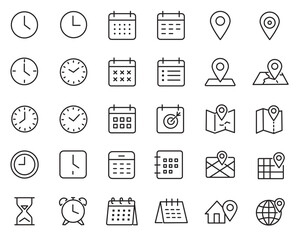 Time, Date, and Location Line Icons – Editable Stroke Vector Collection Featuring Clock, Calendar, and Map Symbols © Daishin