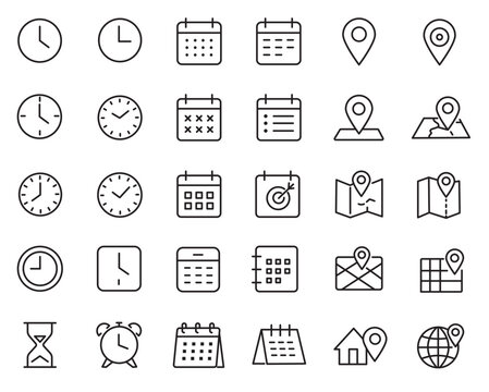Time, Date, and Location Line Icons &ndash; Editable Stroke Vector Collection Featuring Clock, Calendar, and Map Symbols